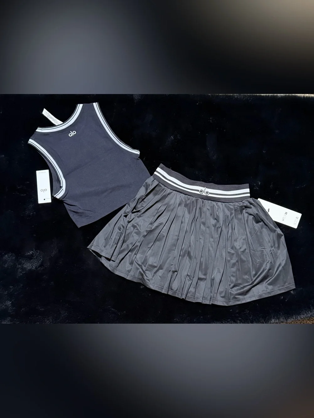 ALO Yoga Black Tank Top and Pleated Skort Set